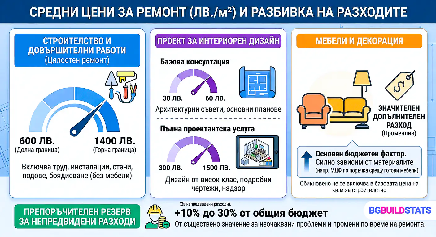 Средни цени за ремонт на интериор в България - разбивка по категории